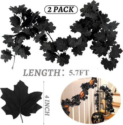TETOU 2PCS Black Maple Leaf Garland,5.7Ft Halloween Artificial Hanging Fall Leave Vines for Fall Halloween Party Home Mantle Wall Indoor Outdoor Decoration