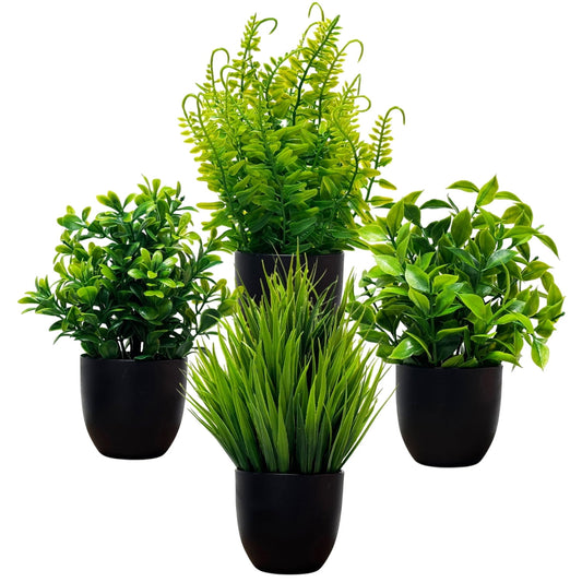 4 Packs Artificial Plants Green Fake Plants Mini Faux Plants in Black Pot for Bathroom Home Decor Indoor