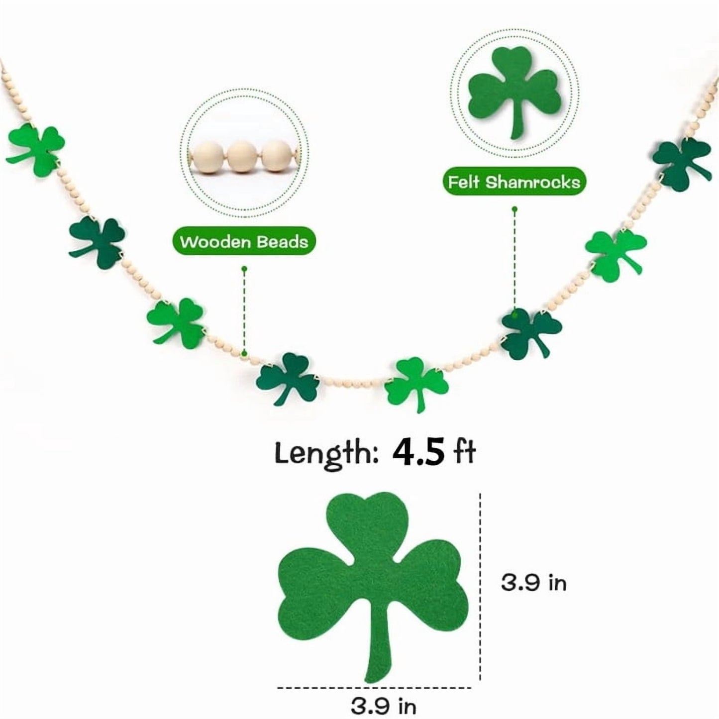TETOU 4.5ft St. Patrick Day Garland Felt Shamrock Banner with Wooden Beads Fireplace Wall Shelf Home St Patricks Day Decorations