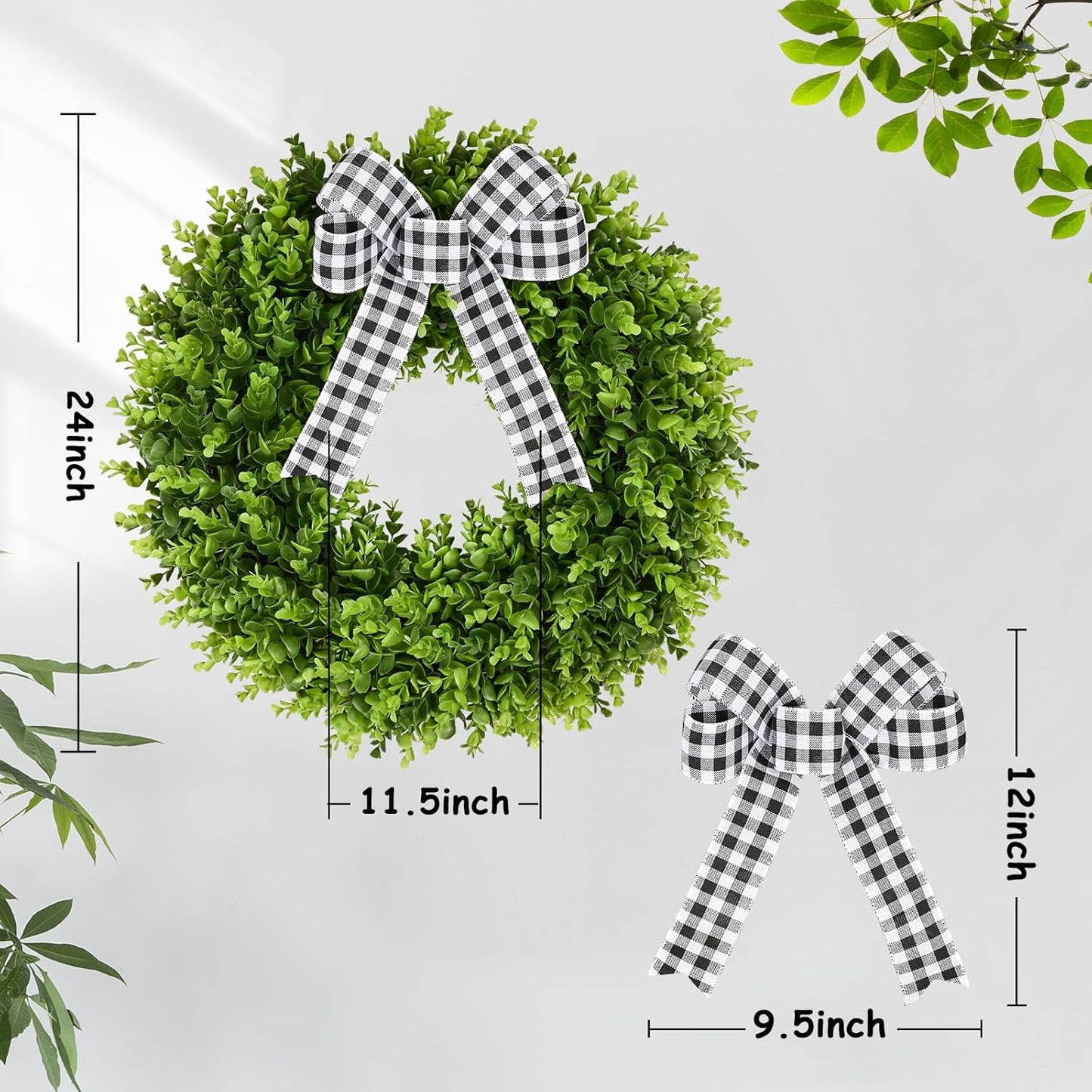 TETOU 20'' Boxwood Wreaths for Front Door,Artificial Spring Summer Wreath for Farmhouse Outside Year Round Hanging Wall St Patricks Day Decororation(Bow&Sash)