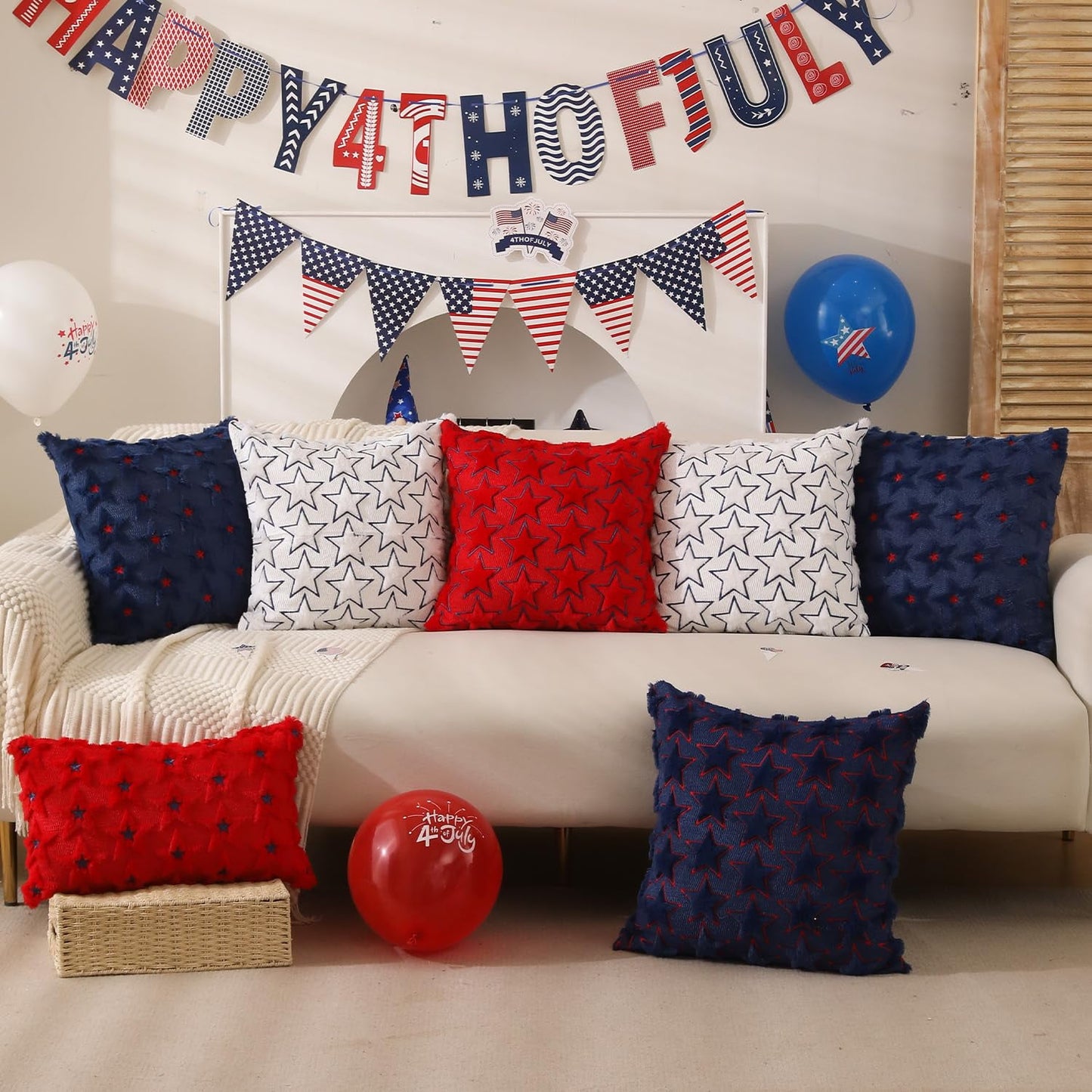 TETOU 4th of July Patriotic Pillow Covers ,18"x18"Set of 2 4th of July Decor Red Embroidery Star Decor Soft Plush Faux Fur Jacquard Throw Pillows for Independence Day Home Party Sofa Decorations