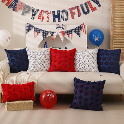 TETOU 4th of July Patriotic Pillow Covers ,18"x18"Set of 2 4th of July Decor Blue Embroidery Star Decor Soft Plush Faux Fur Jacquard Throw Pillows for Independence Day Home Party Sofa Decorations