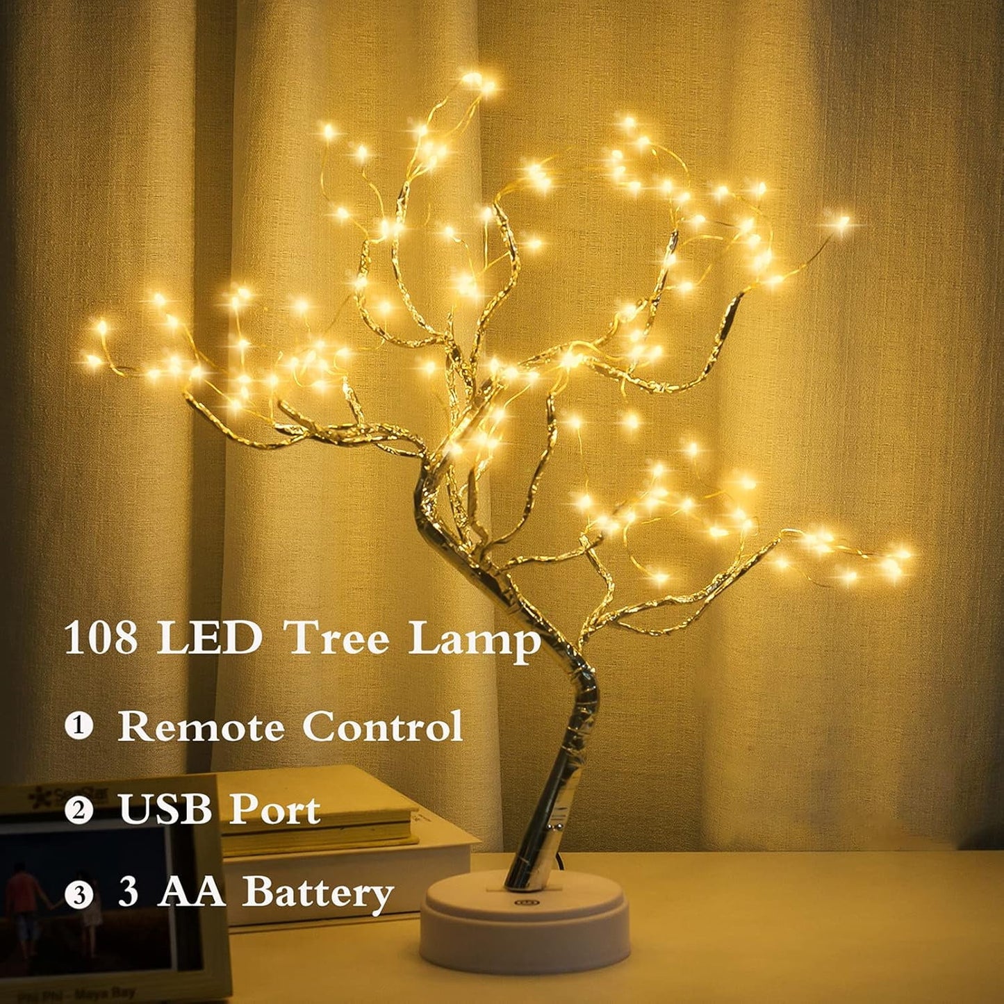 TETOU DIY Artificial Tree Lamp, 20" 108 LED Tabletop Bonsai Tree Light, Battery(not included)/USB Operated Lamps for Living Room Bedroom Christmas Home Gifts House Decor - Warm White Remote Control