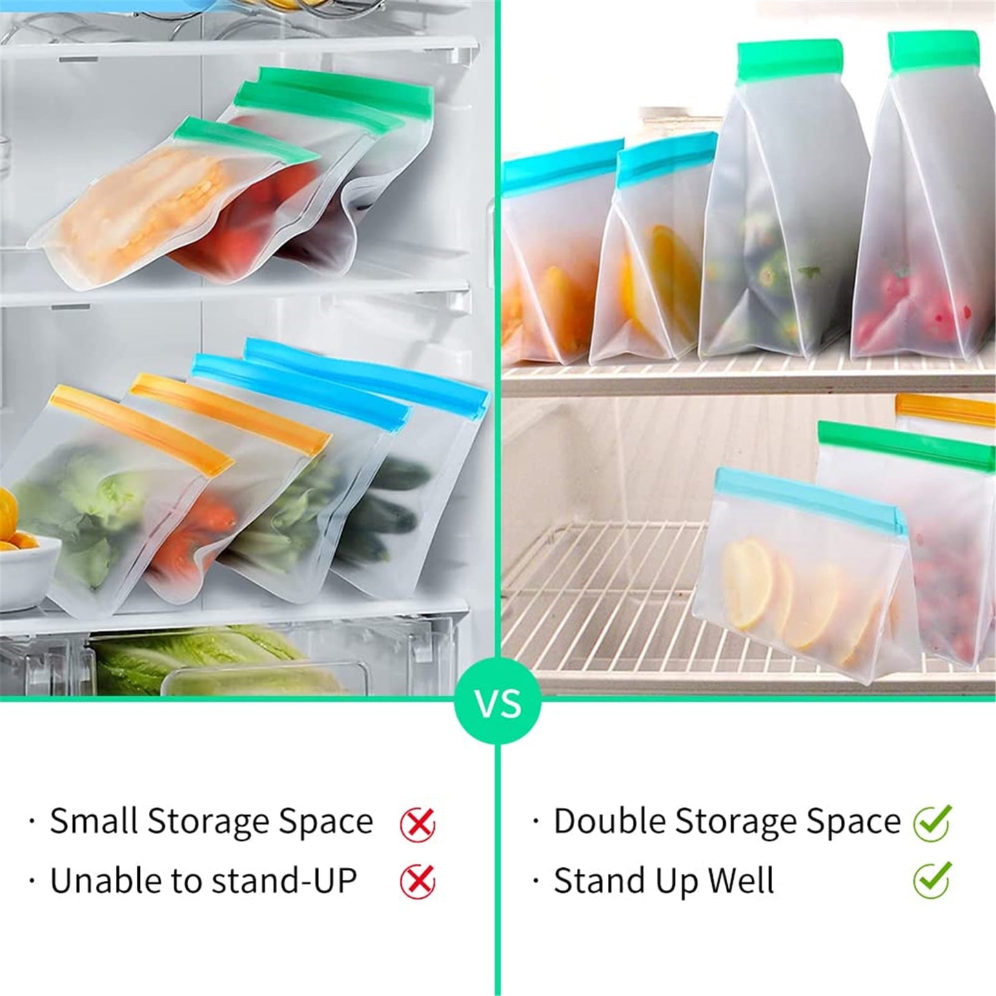 TETOU Stand Up Reusable Silicone Bag, Leakproof Ziplock Food Storage Bags PEVA Freezer Bags for Sandwich Snack Vegetable Meat Cheese Lunch Marinate Food Travel