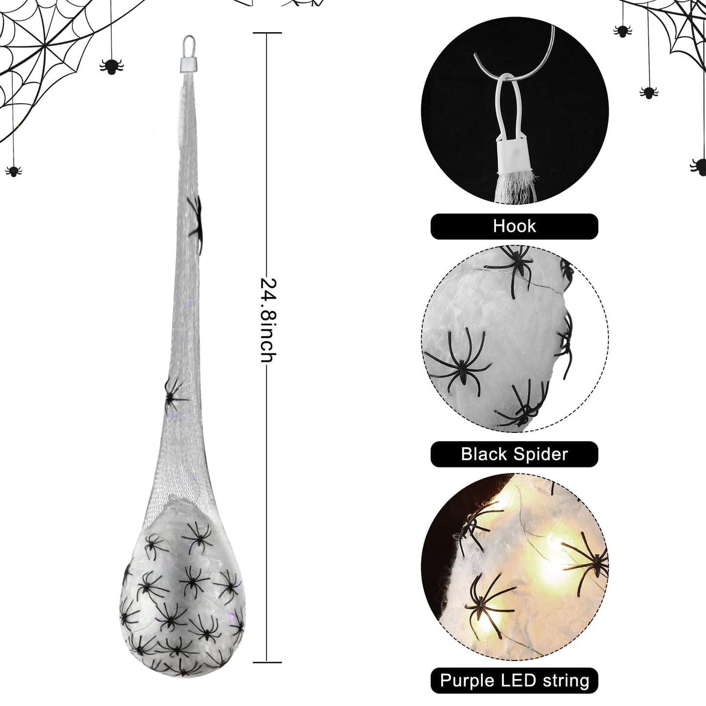 TETOU 6pcs Halloween Hanging Light up Spider Egg Sacs for Outdoor Tree Yard Hanging Spider Decoration (Warm White)