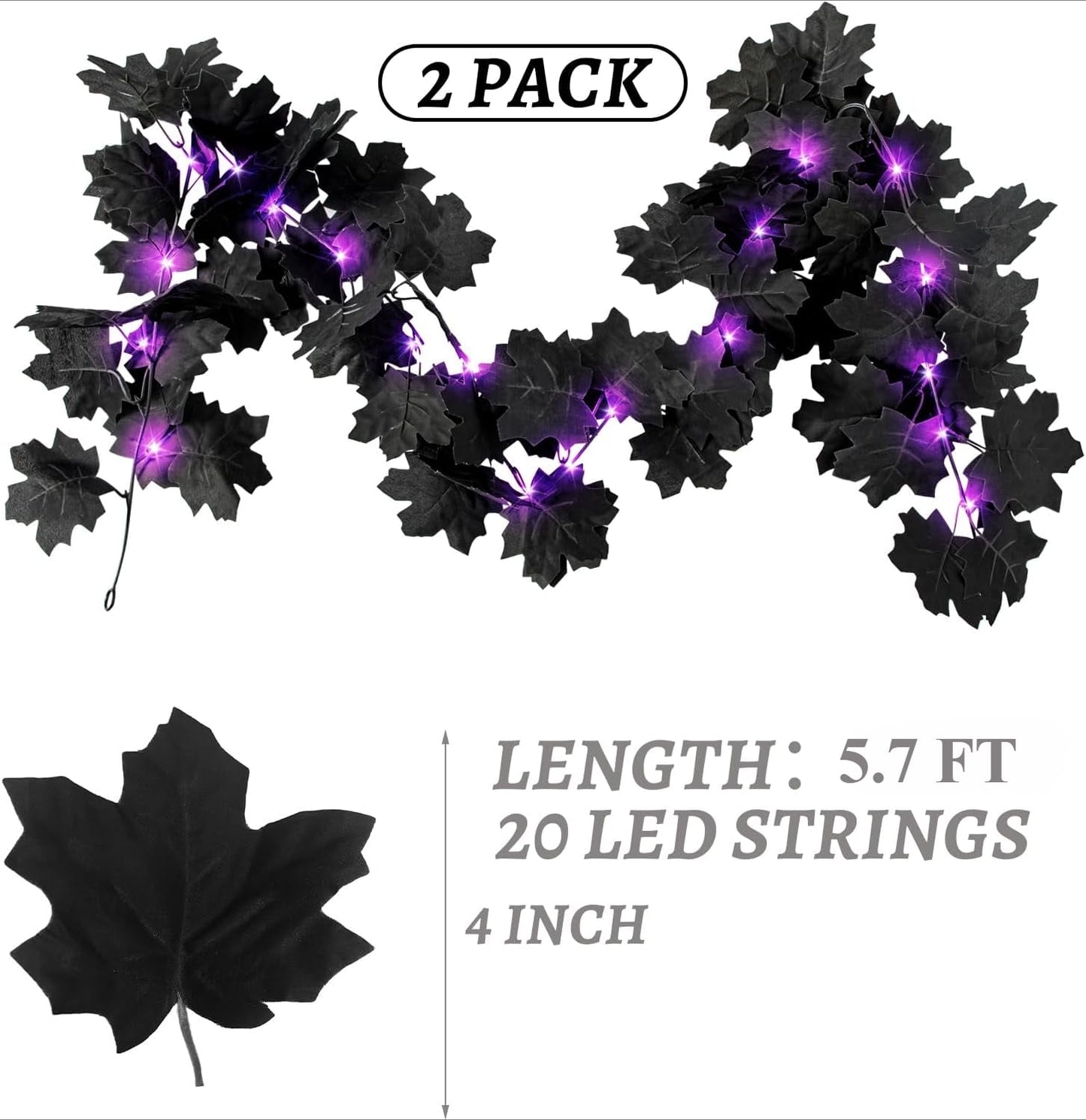 TETOU 2PCS Black Maple Leaf Garland with Purple Lights,5.7Ft Halloween Artificial Hanging Fall Leave Vines for Fall Halloween Party Home Mantle Wall Indoor Outdoor Decoration