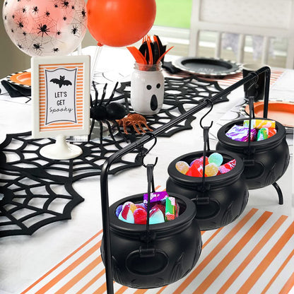 Halloween Decoration Witches Cauldron Serving Bowls on Rack Set of 3 Black Plastic Candy Bucket for Indoor Outdoor Home Kitchen Decoration