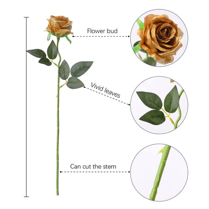 TETOU Gold Rose 10pcs Artificial Rose Flowers Silk Roses Real Touch for Party Bridal Wedding Bouquet Decor