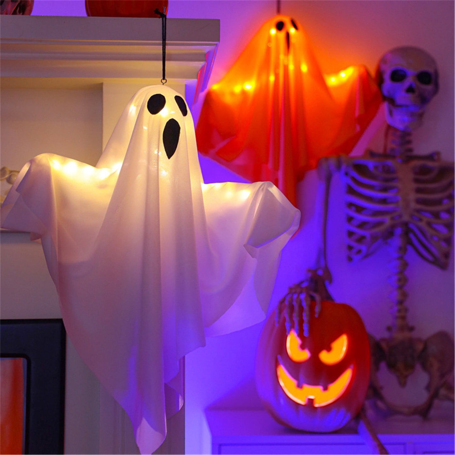 TETOU Halloween LED Hanging Ghosts, 19.68" Cute Glowing Flying Ghost for Halloween Party Front Yard Patio Lawn Garden Holiday Decor - White