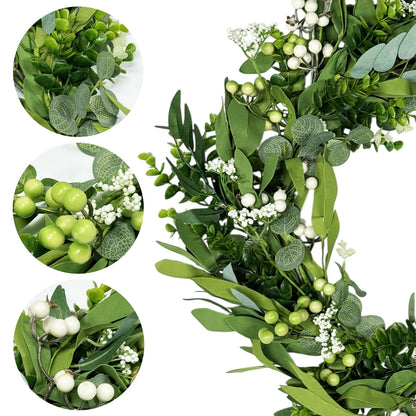 TETOU 20" Artificial Spring Summer Christmas Greenery Wreaths, Green Eucalyptus Leaf Wreath Boxwood with Big Berries for Front Door Farmhouse Outside Year Round Hanging Wall Party Decor