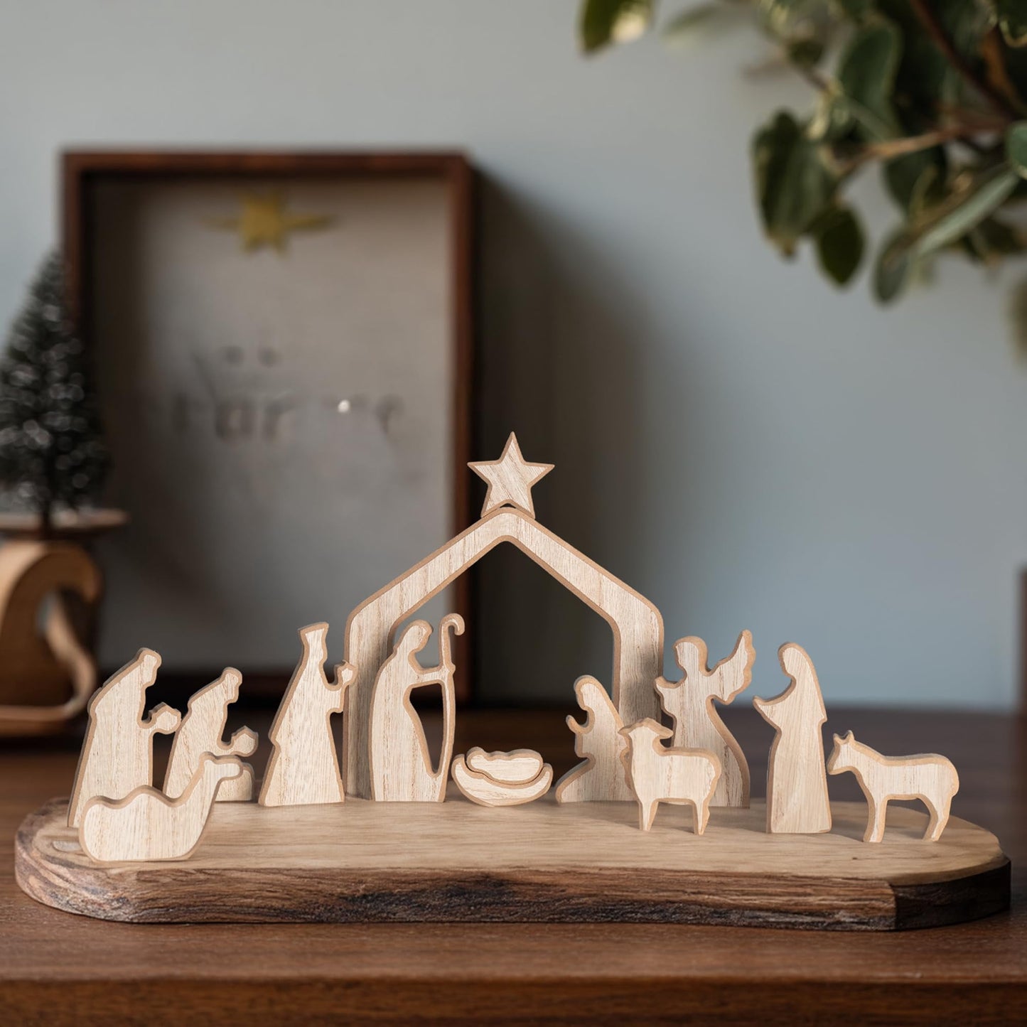 TETOU 13Pcs Christmas Nativity Scene Set Decor,  Miniature Wooden Catholic Holy Family Figurines Nativity Scene for Christian Gifts Christmas Indoor Home Office Boho Tabletop Decoration