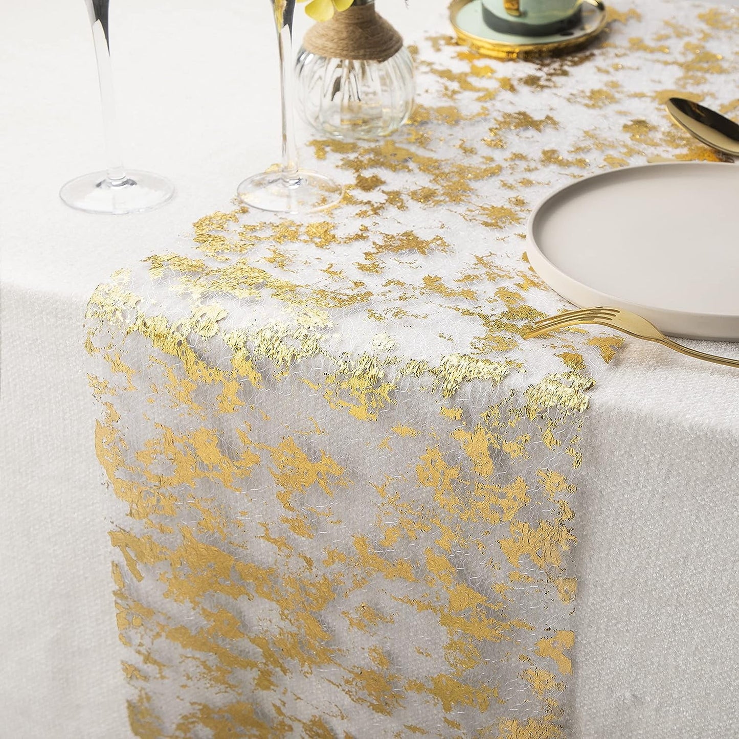 TETOU 2pcs Gold Table Runner 11*108" Sequin Glitter Foil Metallic Thin Mesh Tablecloth for Banquet Christmas Table Decor