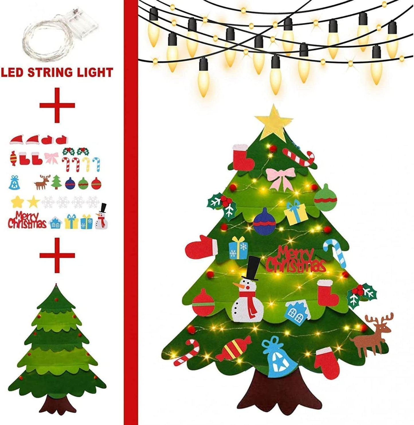 TETOU 3.2Ft Felt Christmas Tree for Toddlers,Felt Xmas Tree Set with String Lights, Christmas Decorations Indoor Wall Hanging Kids Gift