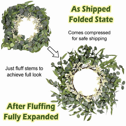 TETOU 20.5" Artificial Wreath, Eucalyptus Wreath, Spring Summer Wreath for Front Door Outside Farmhouse Decor Eucalyptus Wreath Window Hanging Wall Party Decorations