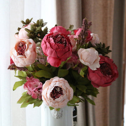 TETOU Artificial Silk Peony Flowers 1 Bouquet for Home Wedding Decoration - Dark Pink