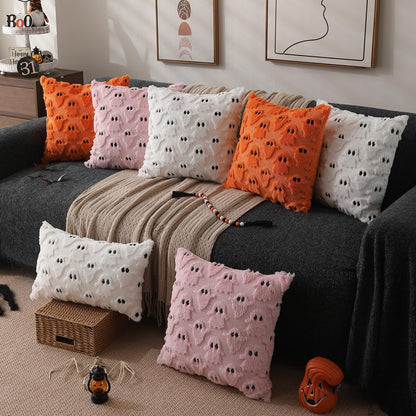 TETOU Halloween Pillow Covers,18"x18"Set of 2 White Ghost Throw Pillow Cases,Soft Faux Fur Wool Couch Cushion for Sofa Bedroom Living Room Home Farmhouse Fall Halloween Decor