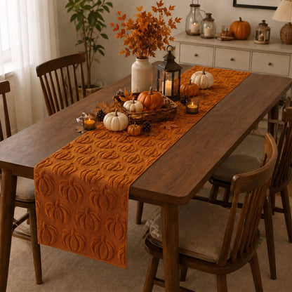 TETOU Fall Table Runner,13x72 Inch Pumpkin Jacquard Soft Plush Faux Fur Table Runner for Fall Farmhouse Home Halloween Thanksgiving Party Decoration(Rust Red)