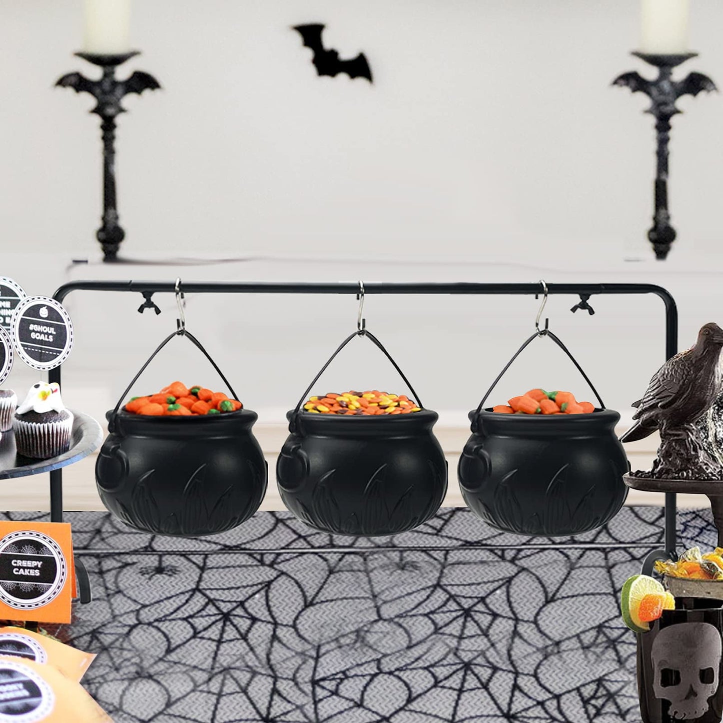 Halloween Decoration Witches Cauldron Serving Bowls on Rack Set of 3 Black Plastic Candy Bucket for Indoor Outdoor Home Kitchen Decoration