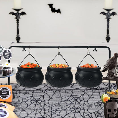 Halloween Decoration Witches Cauldron Serving Bowls on Rack Set of 3 Black Plastic Candy Bucket for Indoor Outdoor Home Kitchen Decoration