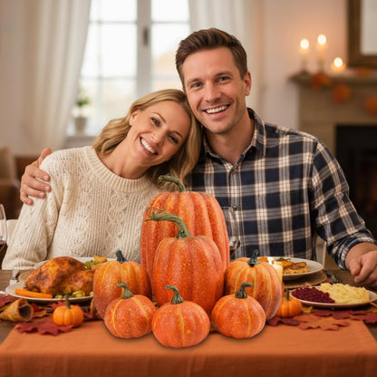 TETOU 7 Pcs Artificial Pumpkins, Faux Foam Fall Orange Pumpkins Decor for Halloween Thanksgiving Indoor Outdoor Home Autumn Farmhouse Harvest Tabletop Decorations