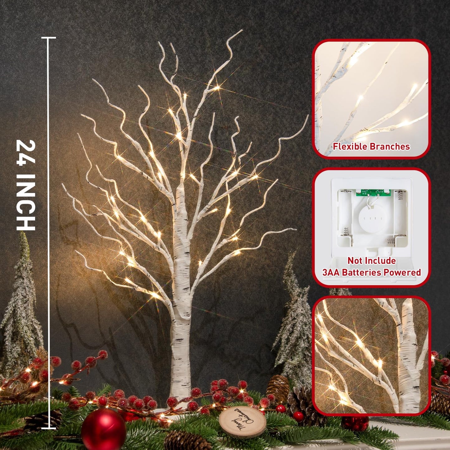 TETOU Valentines Day Decor 2ft Birch Tree with LED Lights Fairy Light Spirit Tree for Home Indoor Table Mantel Battery Powered