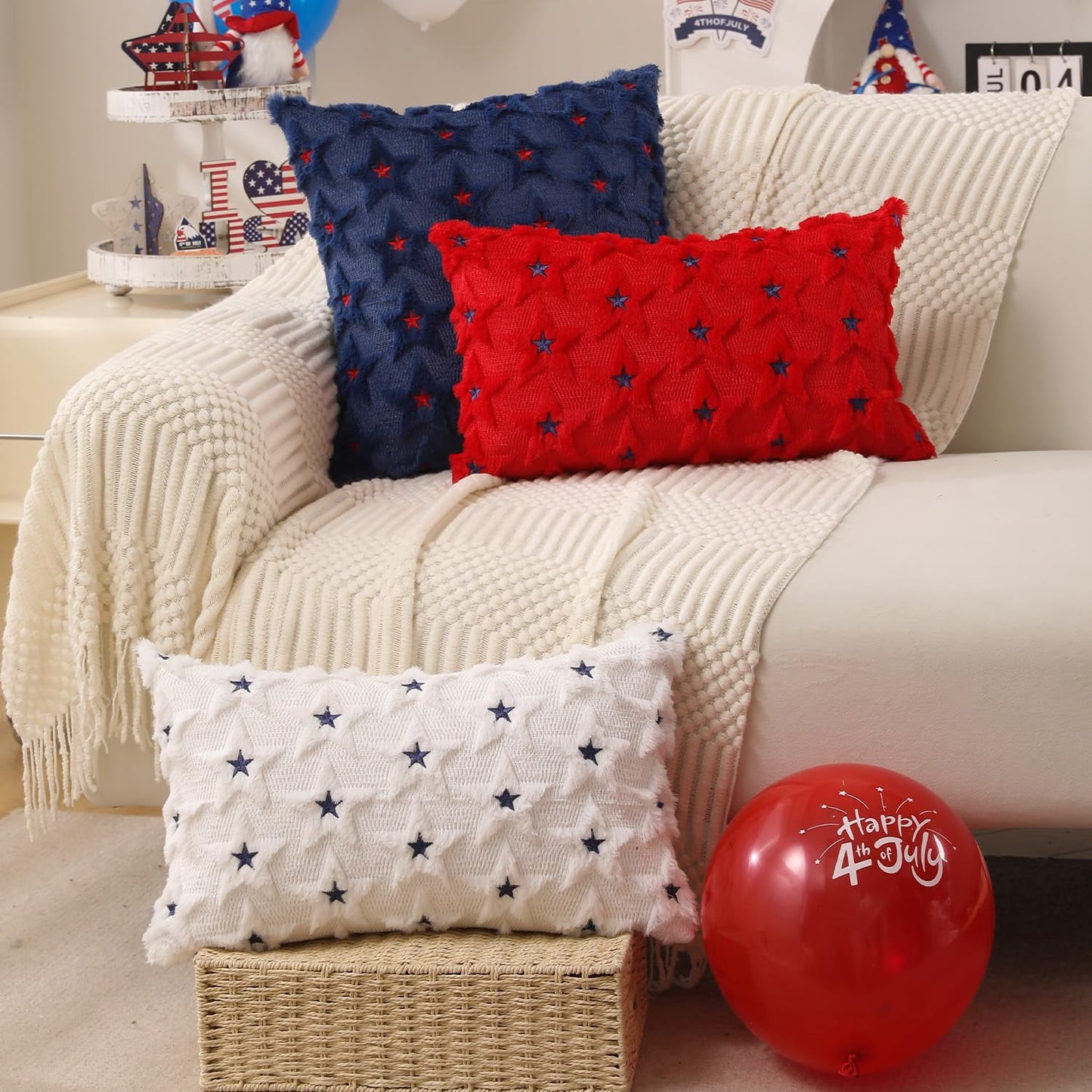 TETOU 4th of July Patriotic Pillow Covers ,18"x18"Set of 2 4th of July Decor Blue Embroidery Star Decor Soft Plush Faux Fur Jacquard Throw Pillows for Independence Day Home Party Sofa Decorations
