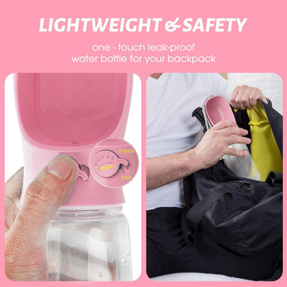 TETOU 10.2*2.7" Dog Water Bottle, 19oz Leak Proof Portable Puppy Water Dispenser with Drinking Feeder for Pets Outdoor Walking Hiking Travel Food Grade Plastic - Pink