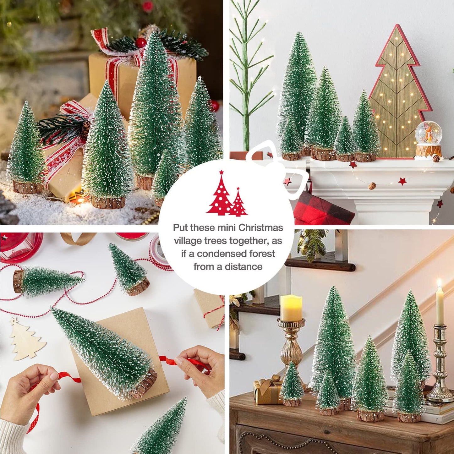 TETOU 6pcs Mini Christmas Trees Snow Bottle Brush Tree Green with 4 Sizes for Village Home Table Decoration