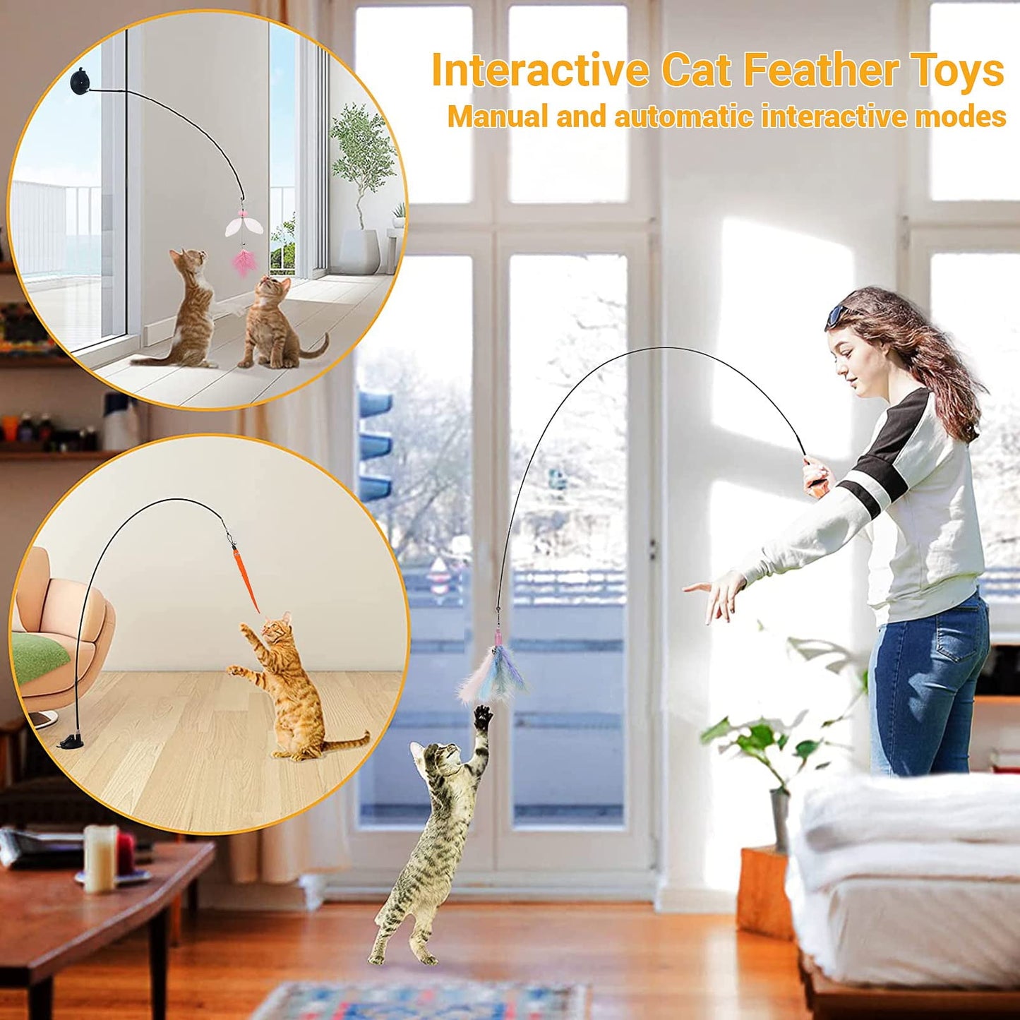 TETOU Simulation Bird Interactive Cat Stick Toy with Suction Cup Funny Feather for Kitty Play Chase Exercise Cat Toy Supplies