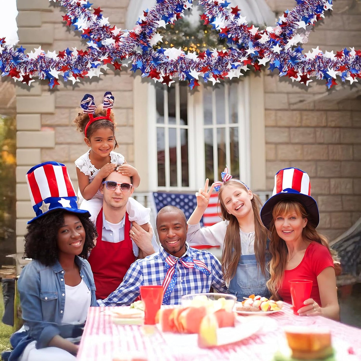 TETOU 4th of July Garland Decor,50Ft Blue Red White Patriotic Garland for Tree Home Fireplace Parade  Independence Day Party Indoor Outdoor Decoration