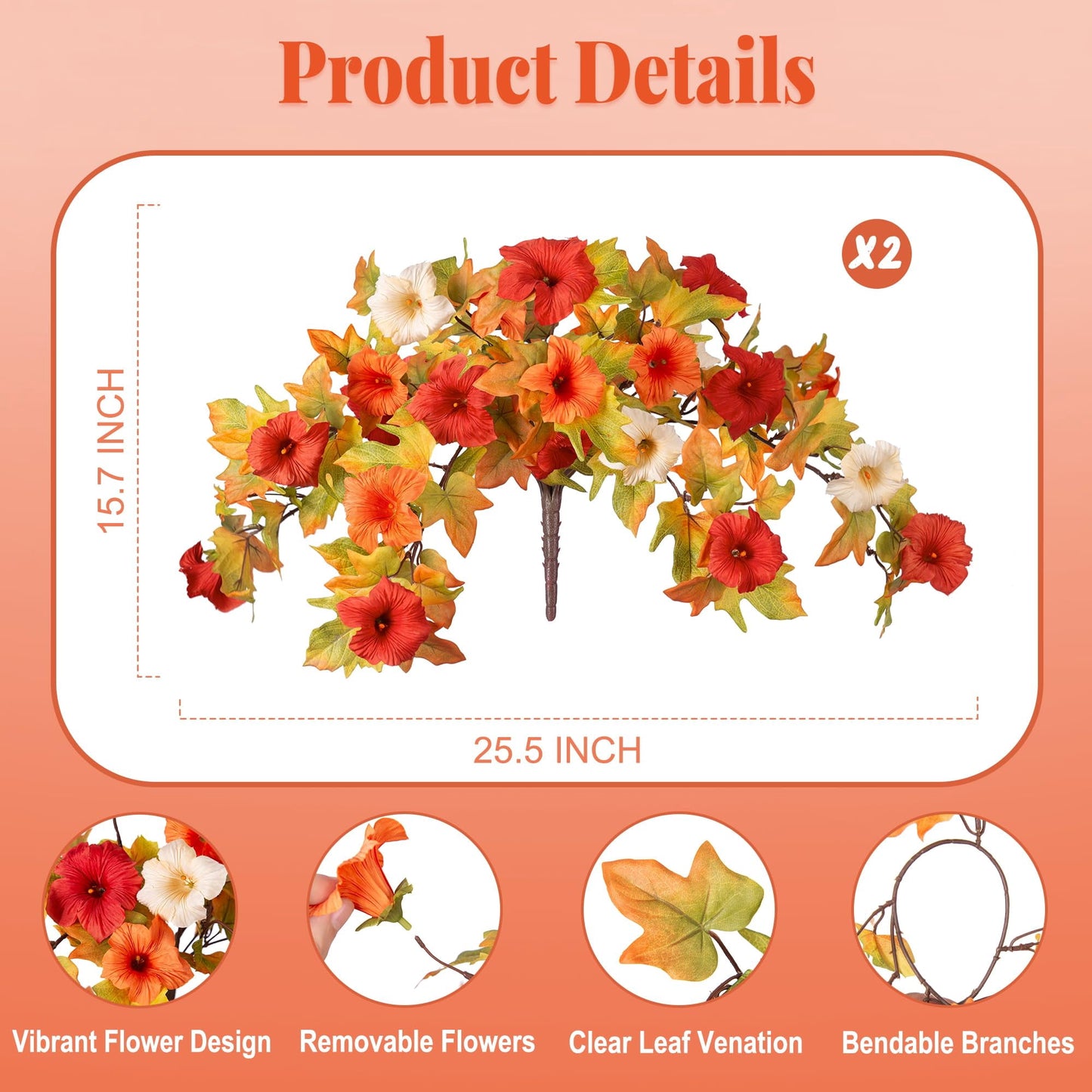 TETOU 2Pcs Artificial Fake Flowers , Faux Petunias Silk Flower UV Resistant No Fade for Fall Halloween Home Garden Balcony Yard Porch  Indoor Outdoor Decoration (Orange White)