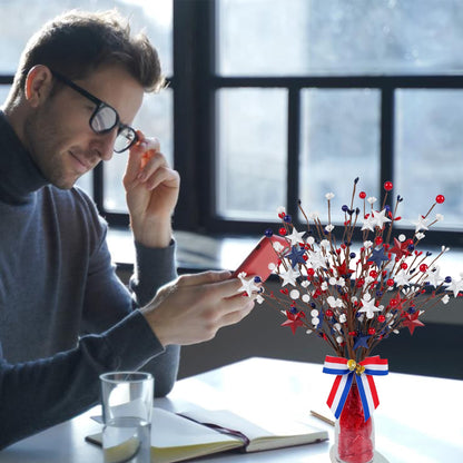 TETOU 4th of July Patriotic Artificial Berry Stem Picks, 4pcs 14.6" White Blue Red Stars Faux Berry Branches for Independence Day Home Office Restaurant Vase Patriotic Decorations