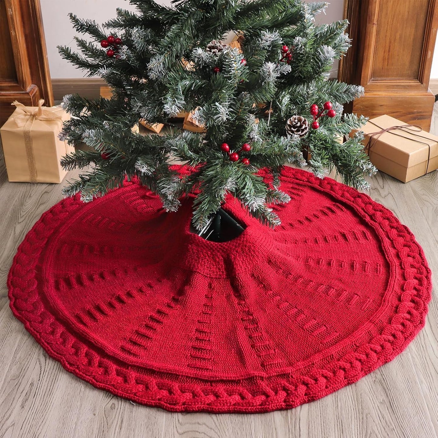 TETOU 36In Knitted Christmas Tree Skirt, Wine Red Tree Skirt, Braided Cable Knit Thick Rustic Christmas Tree Decorations, Farmhouse Christmas Decor Xmas Holiday Home Party Decorations