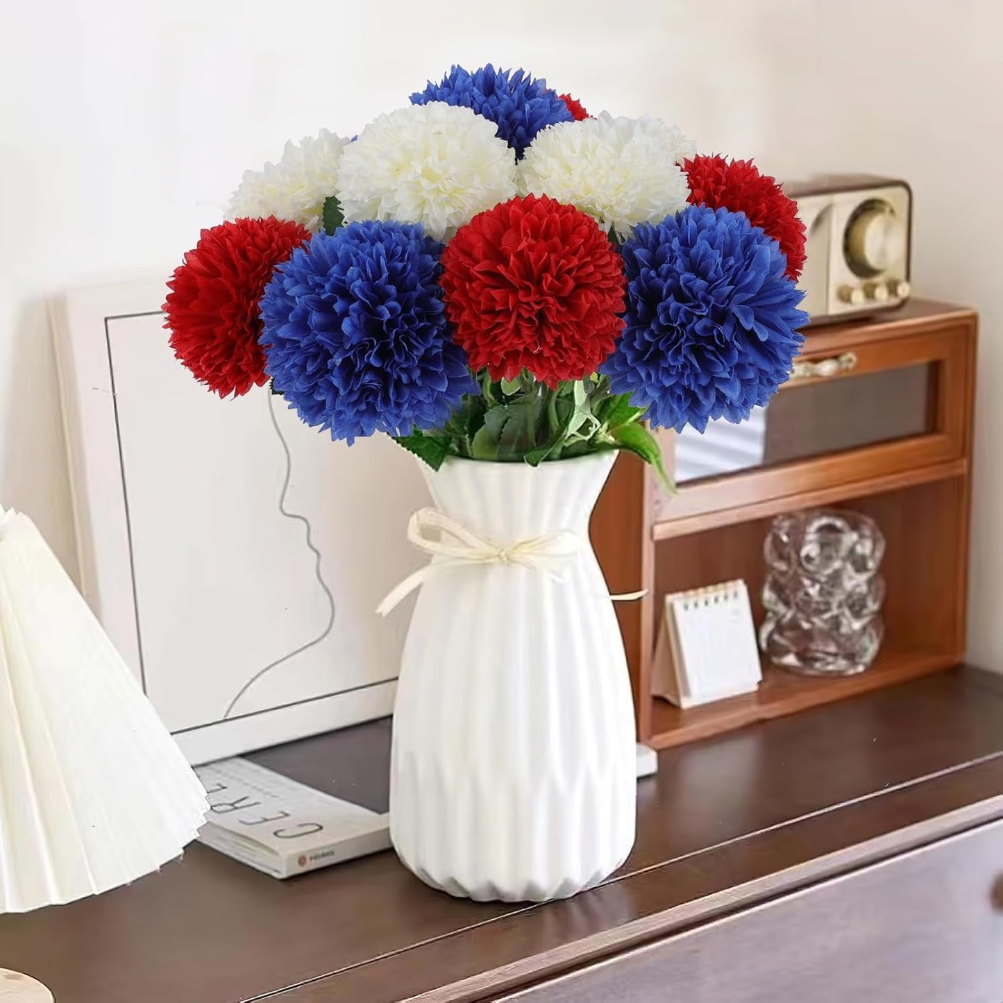 TETOU 12 Pcs Red White Blue Artificial Chrysanthemums Flowers Patriotic Flowers Decor,4th of July Fake Silk Mums Flowers for Home Indoor Patriotic Party Memorial Day Table Centerpiece Decorations