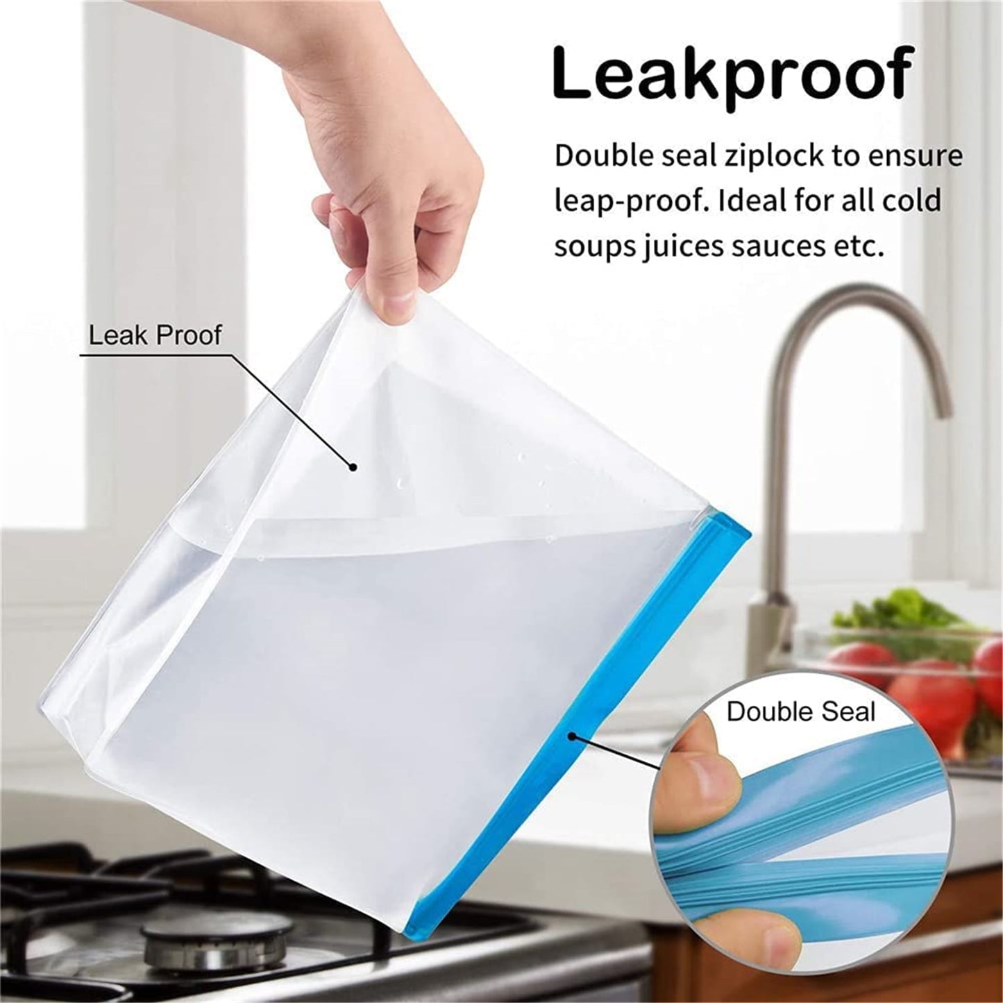 TETOU Stand Up Reusable Silicone Bag, Leakproof Ziplock Food Storage Bags PEVA Freezer Bags for Sandwich Snack Vegetable Meat Cheese Lunch Marinate Food Travel