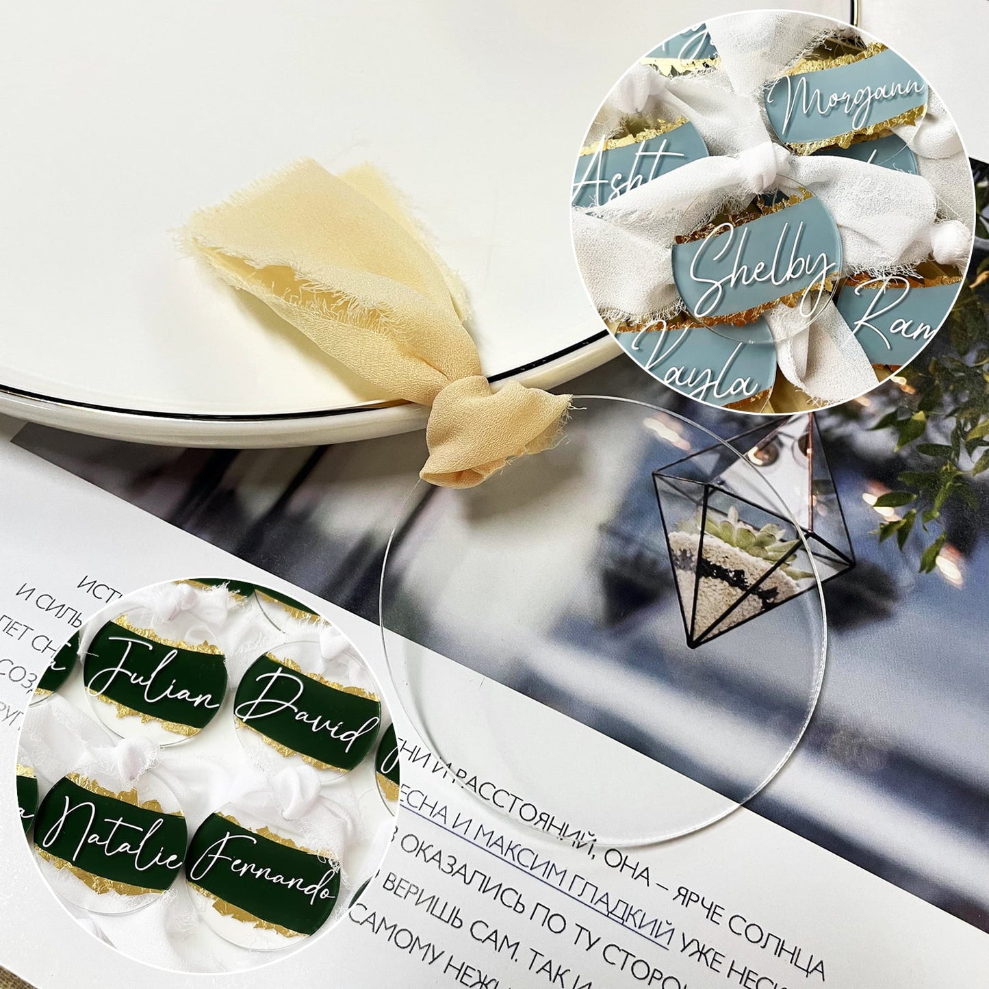 50Pcs Round Acrylic Place Card for Wedding Clear Acrylic DIY Table Seating Cards Wedding Supplies with Ribbon