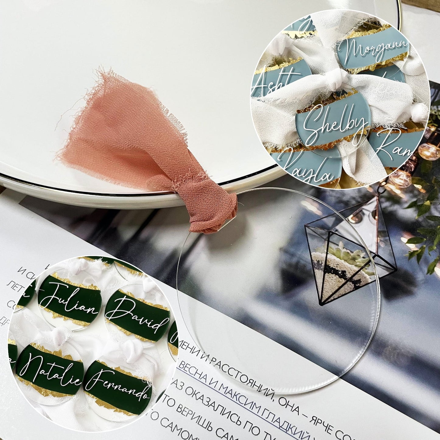 50Pcs Round Acrylic Place Card for Wedding Clear Acrylic DIY Table Seating Cards Wedding Supplies with Ribbon