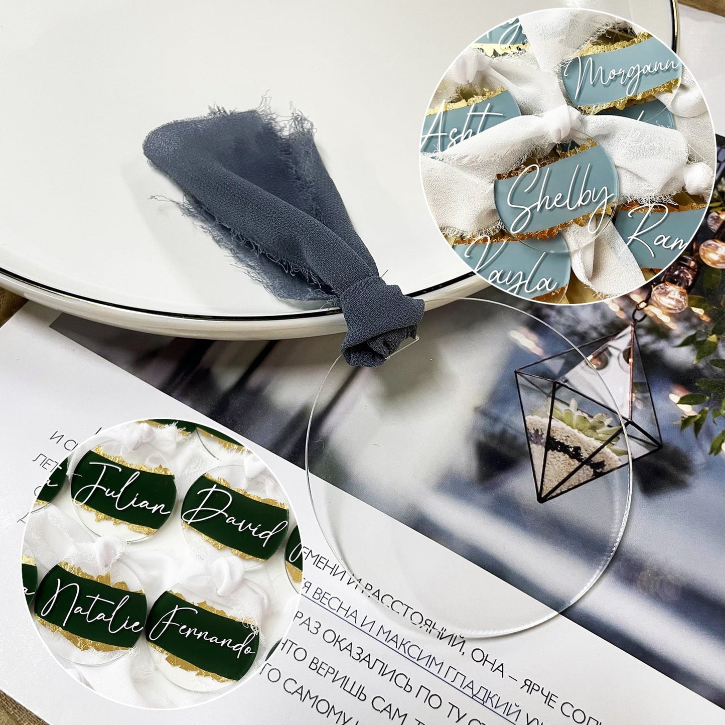 50Pcs Round Acrylic Place Card for Wedding Clear Acrylic DIY Table Seating Cards Wedding Supplies with Ribbon