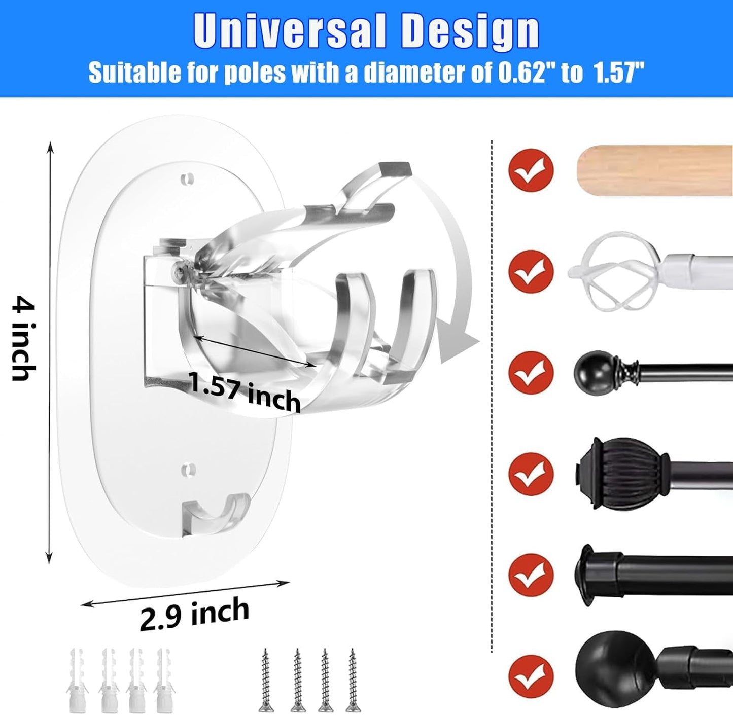TETOU 2Pcs No Drill Curtain Rod Brackets, Self Adhesive Curtain Rod Holder, Rod Hooks Nail Free Curtain Hangers for Bathroom Bedroom Livingroom Kitchen Apartment - Transparent