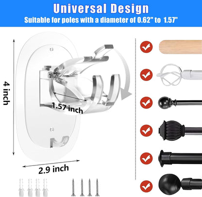 TETOU 2Pcs No Drill Curtain Rod Brackets, Self Adhesive Curtain Rod Holder, Rod Hooks Nail Free Curtain Hangers for Bathroom Bedroom Livingroom Kitchen Apartment - Transparent