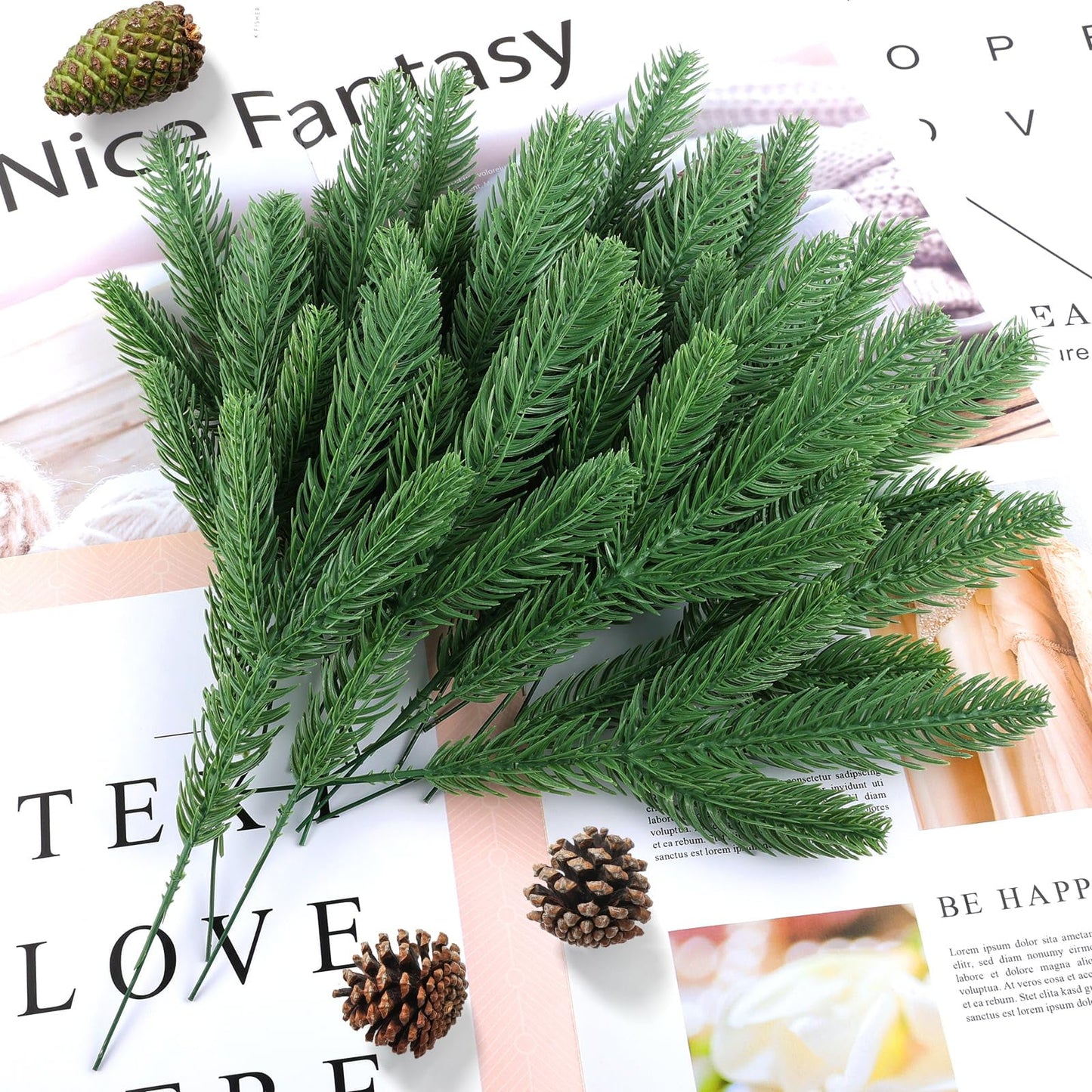 TETOU 50pcs Christmas Artificial Norfolk Pine Branches Green Cedar Sprigs Needle Garland DIY Wreath Home Decor