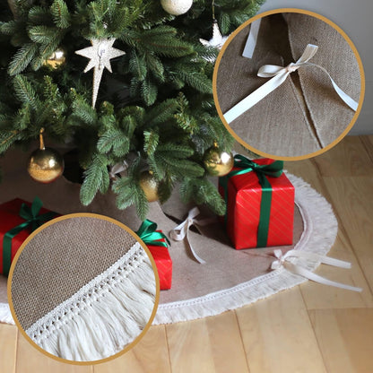 TETOU 48 Inch Christmas Tree Skirt,Linen Burlap with Tassels Fringe Trim Boho Farmhouse Rustic Christmas Tree Skirt Collar Decoration for Xmas Winter Home Holiday Indoor Outdoor Seasonal Decors