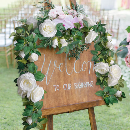 TETOU 4pcs Flower Garland, Faux Artificial Floral Garland Fake Rose Hanging Vine for Wedding Arch Garden Ceremony Background Outdoor Wall Decoration - White