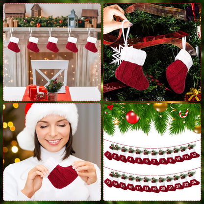 TETOU 6pcs Christmas Mini Stockings Knitted Xmas Classic Small Stocking Fireplace Holiday Hanging Decor