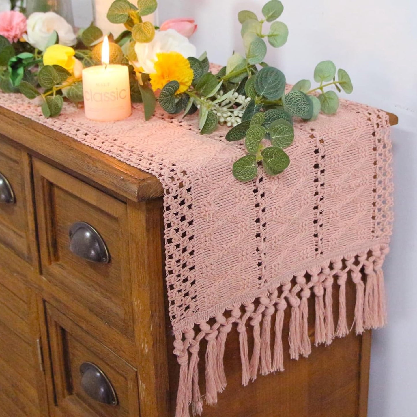 TETOU Boho Table Runner 12x72 Inch with Tassels Farmhouse Bohemian Table Runner Dining Rustic Home Decor - Pink