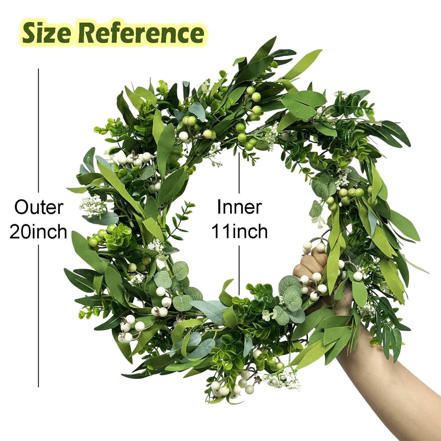 TETOU 20" Artificial Spring Summer Christmas Greenery Wreaths, Green Eucalyptus Leaf Wreath Boxwood with Big Berries for Front Door Farmhouse Outside Year Round Hanging Wall Party Decor