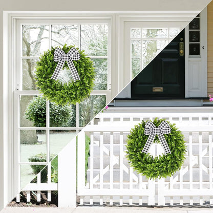 TETOU 20'' Boxwood Wreaths for Front Door,Artificial Spring Summer Wreath for Farmhouse Outside Year Round Hanging Wall St Patricks Day Decororation(Bow&Sash)