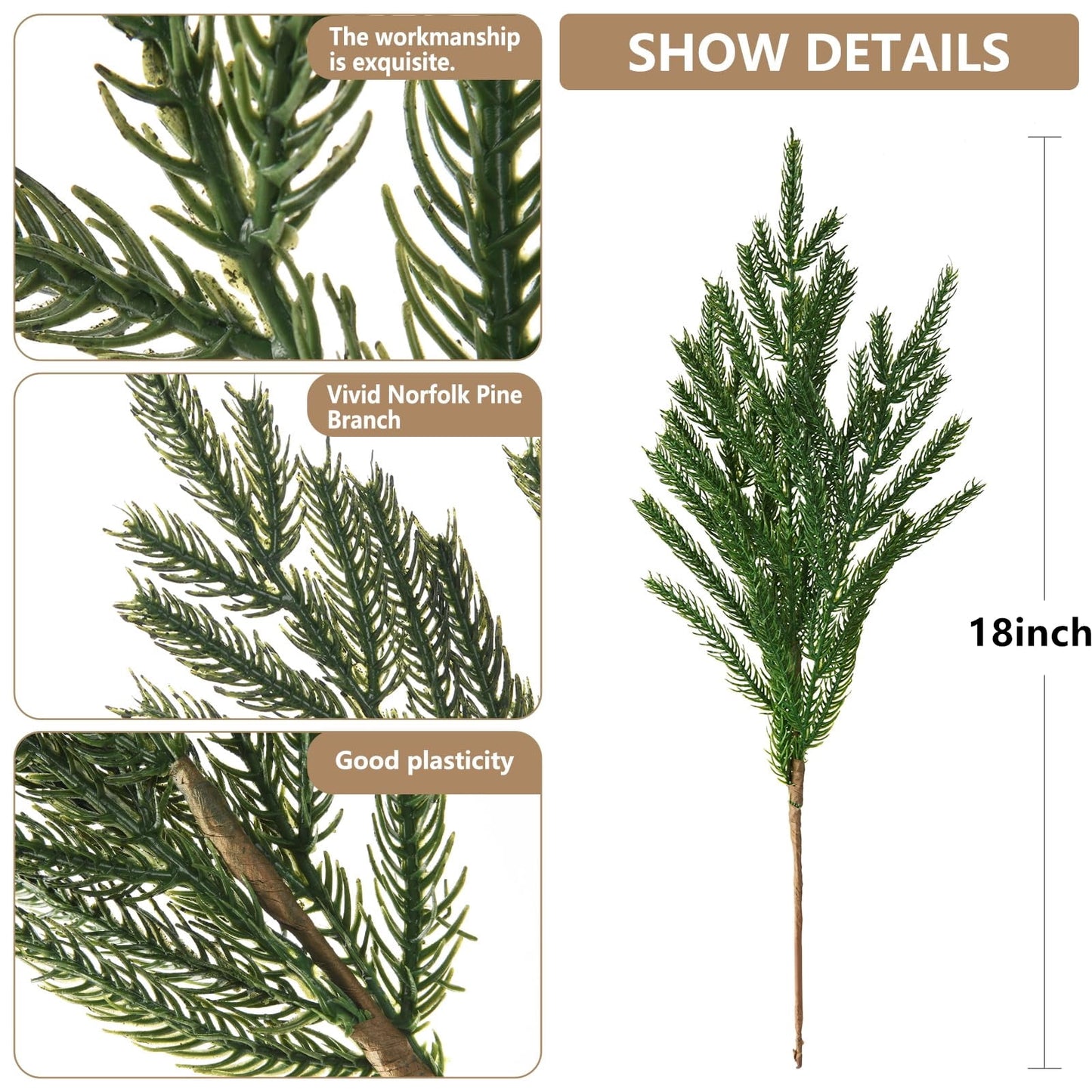TETOU 6pcs Christmas Norfolk Pine Branches 18" Artificial Norfolk Pine Stem DIY Wreaths Home Decor