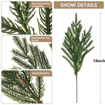 TETOU 6pcs Christmas Norfolk Pine Branches 18" Artificial Norfolk Pine Stem DIY Wreaths Home Decor