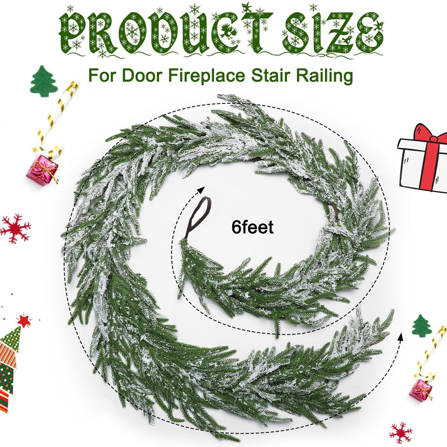Tetou 6Ft Christmas Norfolk Pine Garland with Snow, Real Touch Cedar Garland, Artificial Greenery Pine Garland for Christmas Decorations Indoor